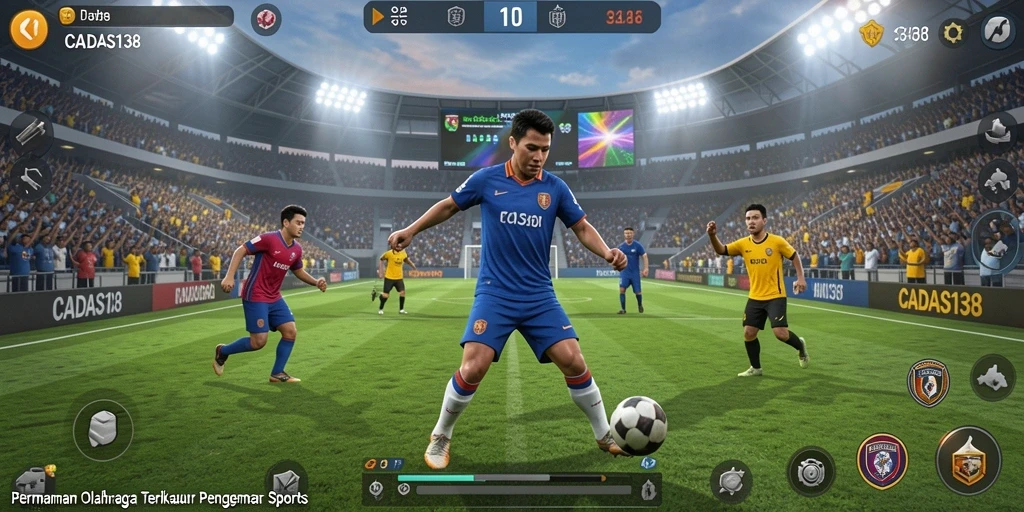 Tampilan gameplay menyerupai pertandingan olahraga nyata yang penuh aksi.