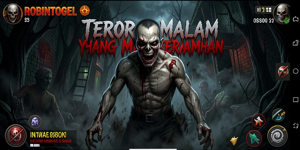 Tangkapan layar gameplay ROBINTOGEL dengan suasana menyeramkan.