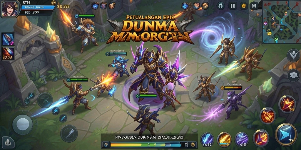 Screenshot gameplay RT99 menampilkan pertarungan epik di dunia MMORPG.
